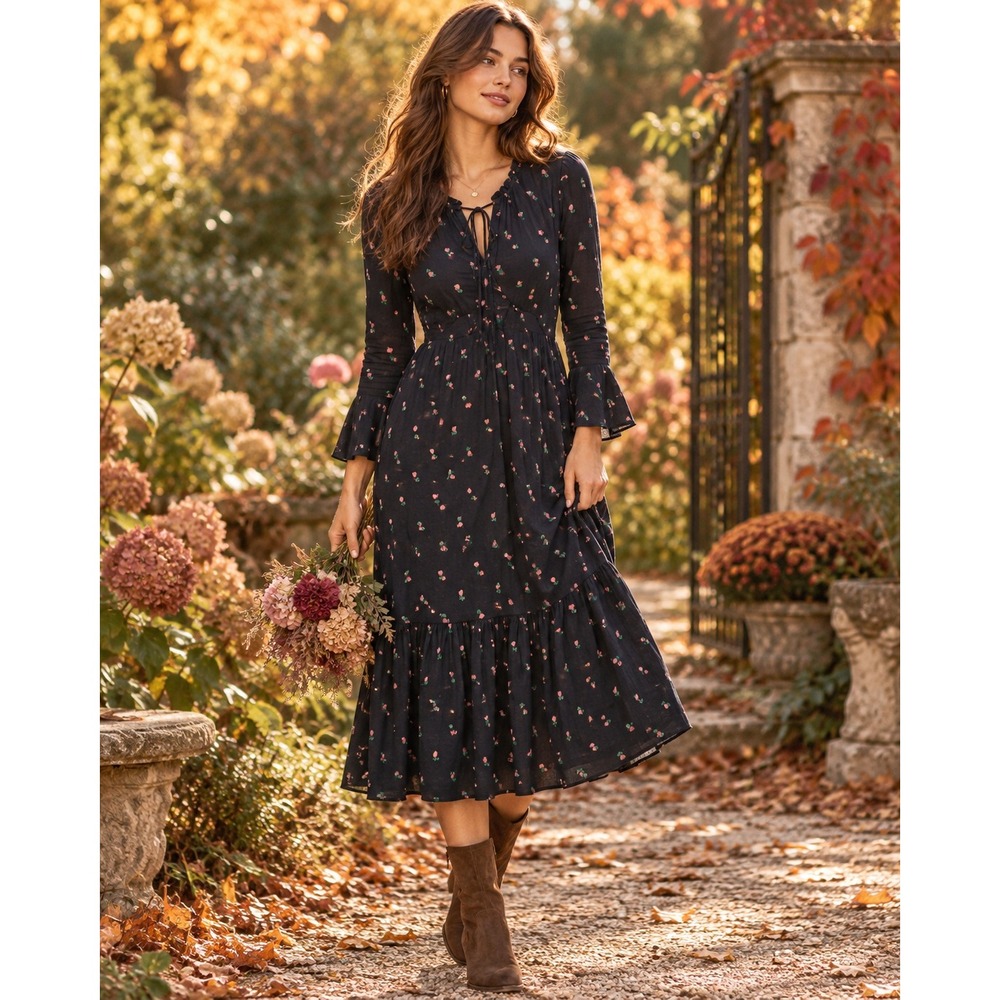 LOFT Women Black Floral Bud Tiered Midi Dress Long Ruffle Sleeve Boho Size S